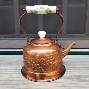 Vintage Copper Tea Kettle With Ceramic Floral Handle And 3D Grape Accents
